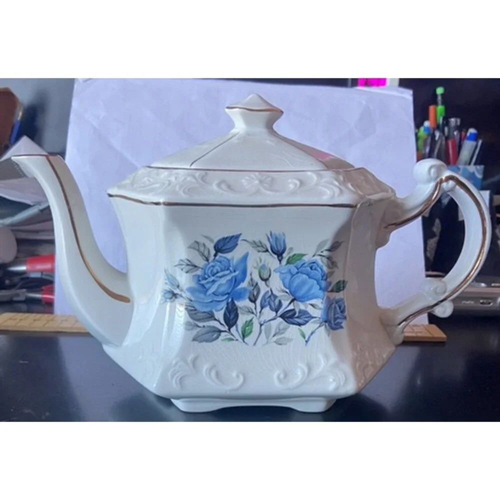 Vintage Teapot Wood & Sons Burslem England Porcelain Blue Rose Flower Gold Trim